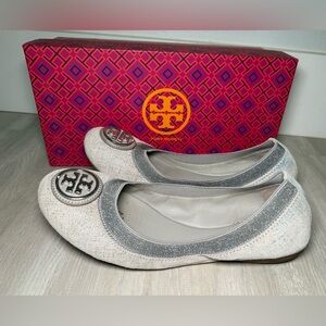 Tory Burch Caroline 2 Metallic Gray Suede Flats Women's Size 8M
